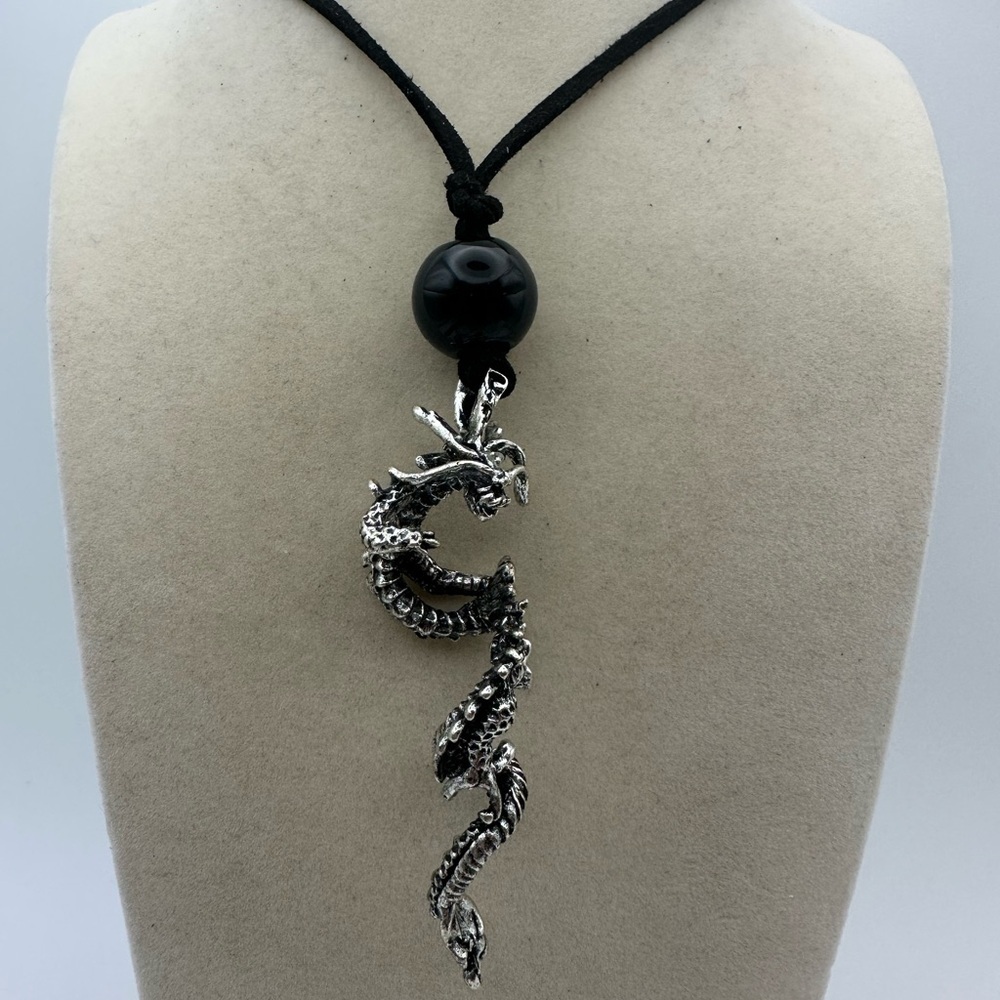 Silver Dragon Pendant Necklace on Faux Leather - Picture 3 of 7